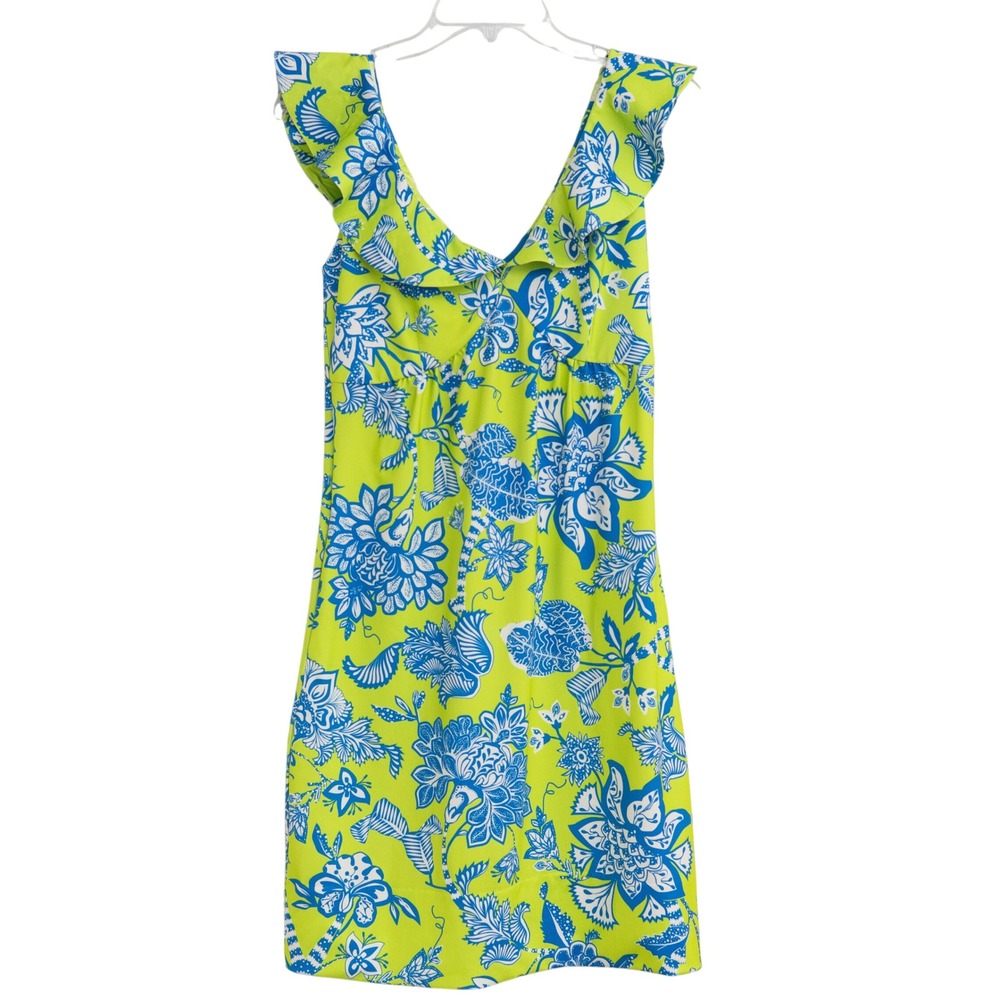 Gretchen Scott Ruffle Shift Dress Sz XS‎ Lime Green Blue Floral Paisley Preppy